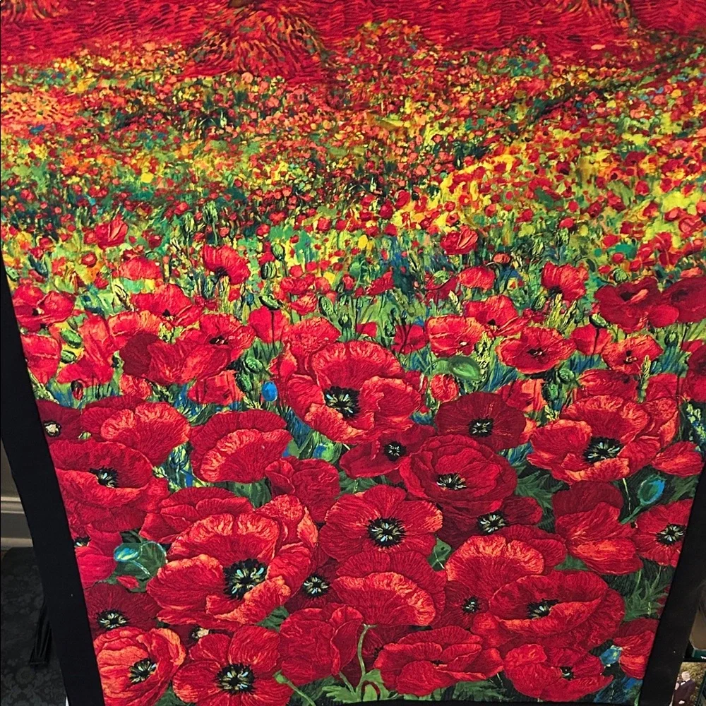 Red Poppy Field Art Quilt Panel with Night Sky